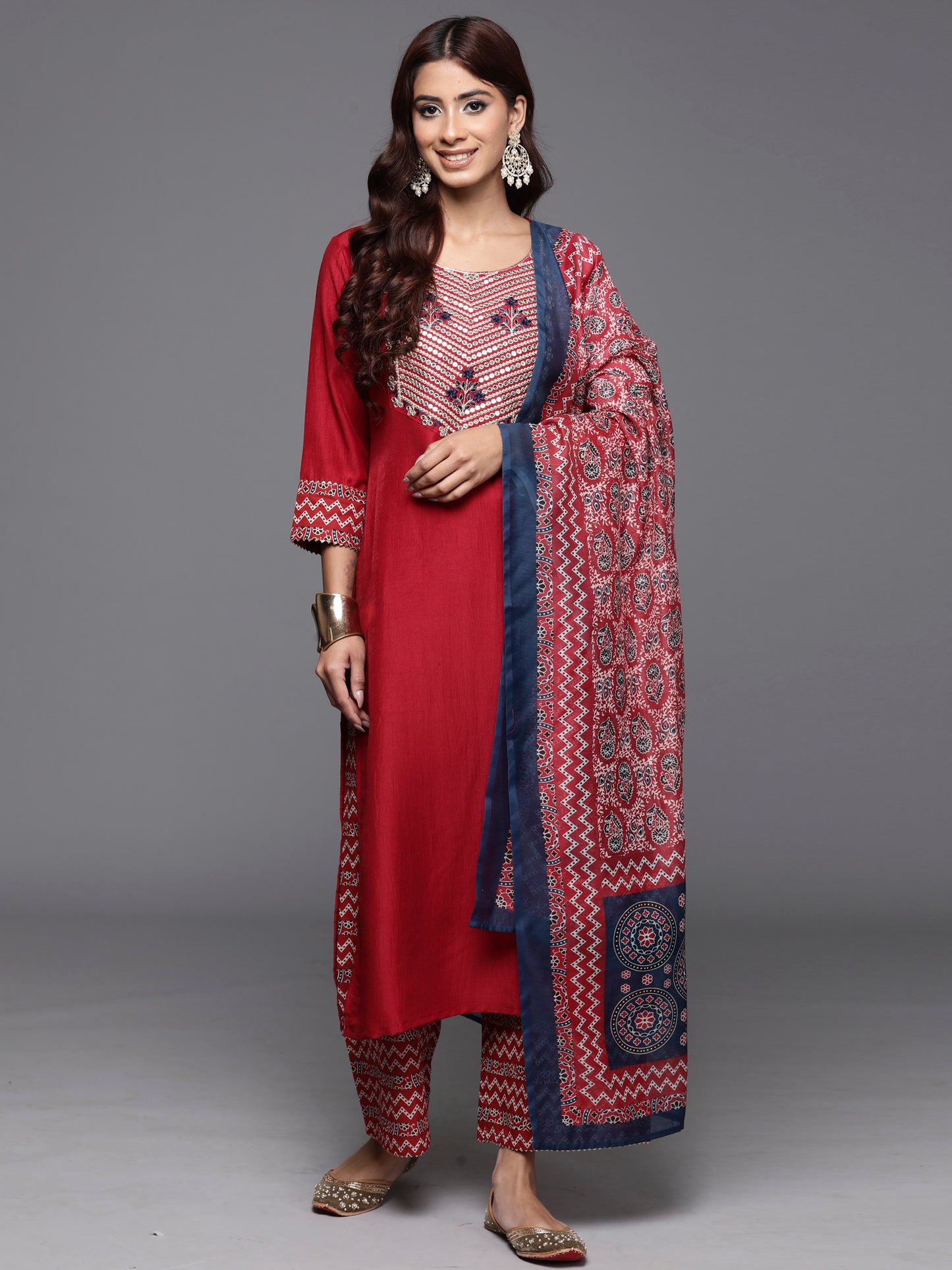 IE Rust Embroidered Straight Kurta Palazzos With Dupatta Set