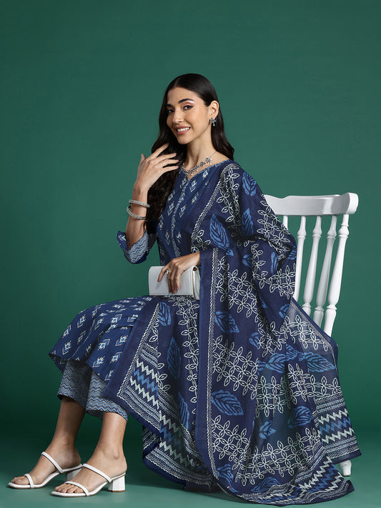 IE Blue Printed Straight Kurta Trousers With Dupatta set