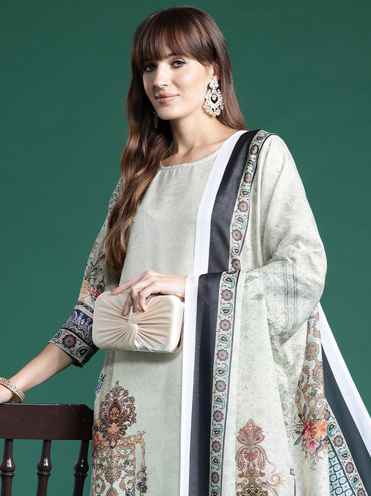 IE Green Printed Straight Kurta Trousers With Dupatta set