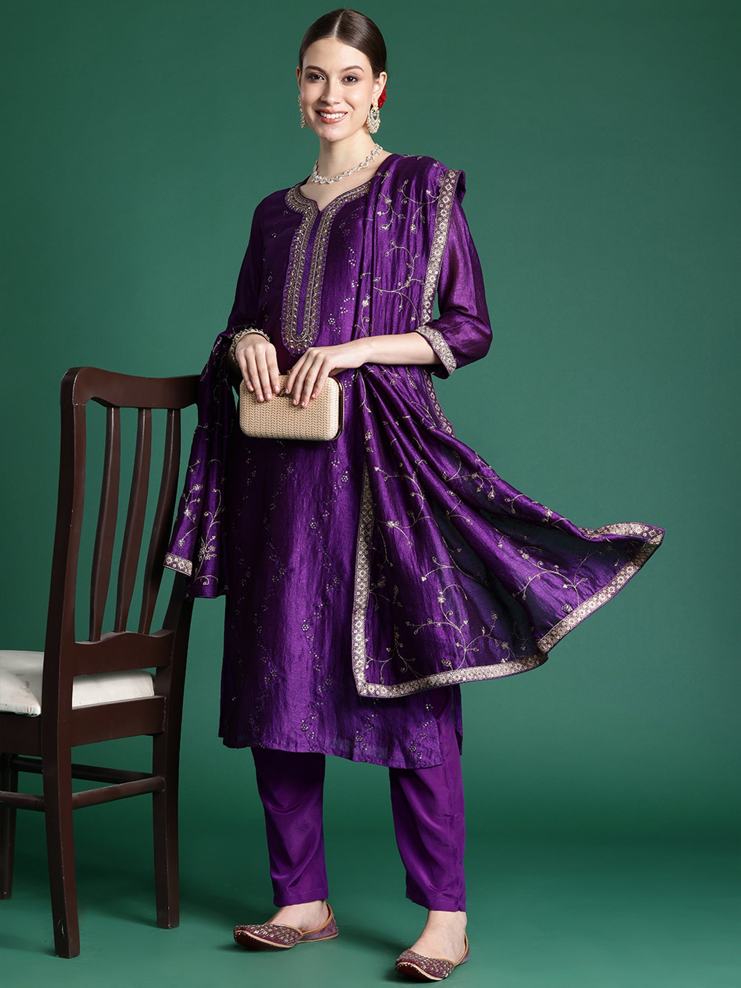 IE Purple Embroidered Straight Kurta Trousers With Dupatta set