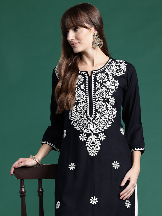 IE Black Embroidered Straight Kurtas