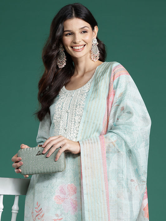 IE Sea Green Printed Straight Kurta Trousers With Dupatta  Set