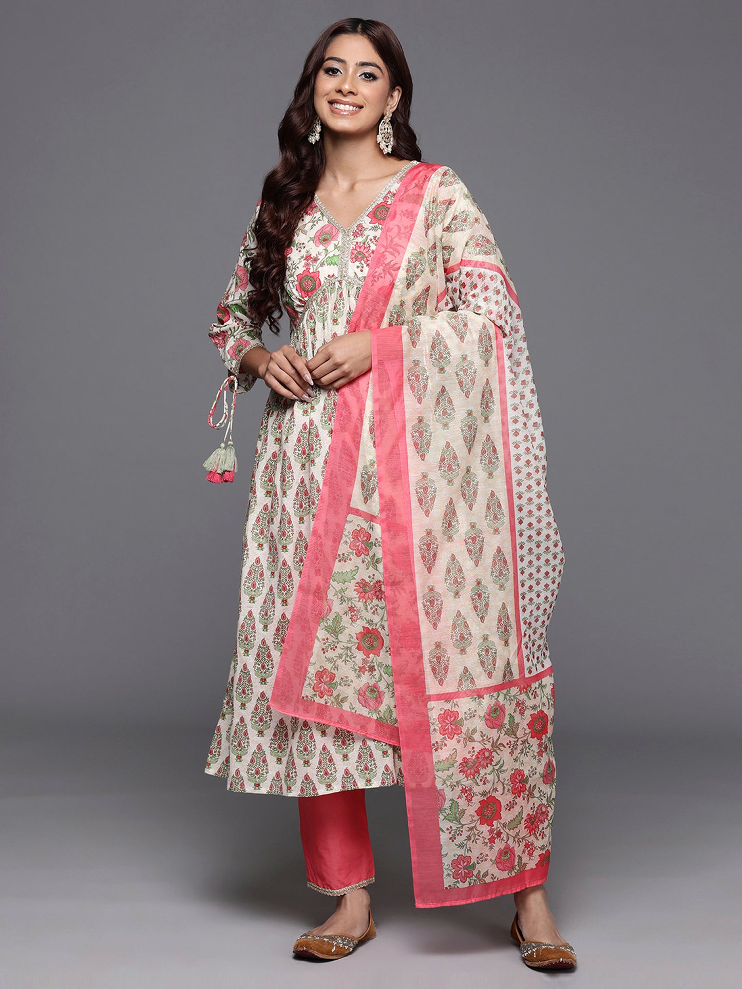 IE Off White Printed A-Line Kurta Trousers With Dupatta Set