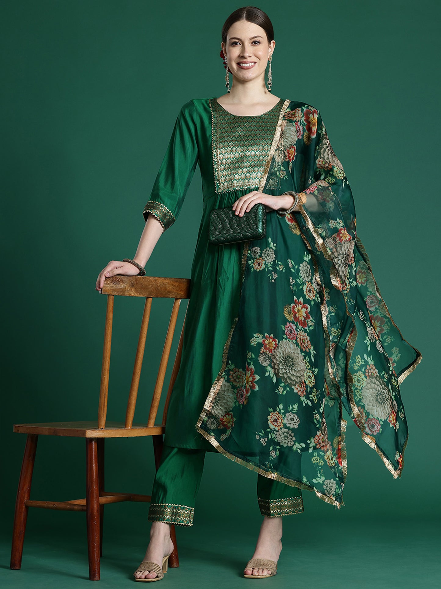 IE Green Yoke Design A-Line Kurta Trousers With Dupatta set