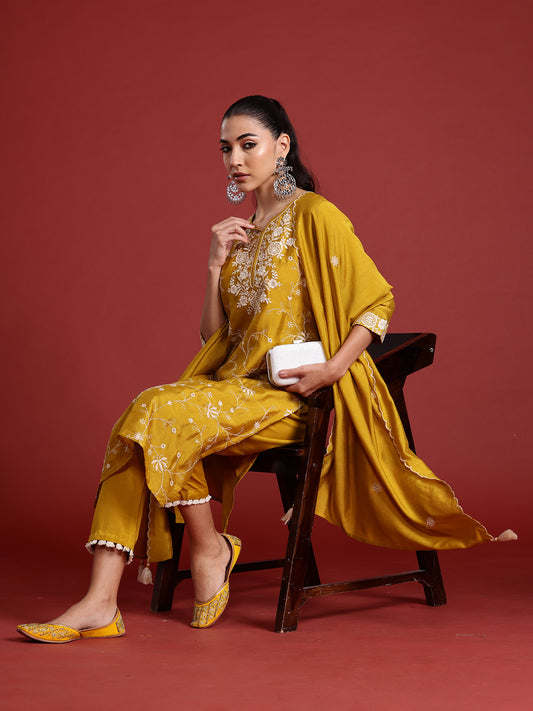 IE Yellow Embroidered Straight Kurta Trousers With Dupatta  Set