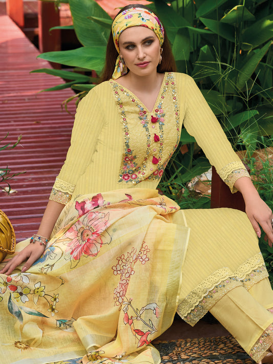 IE Yellow Embroidered Straight Kurta Trousers With Dupatta set