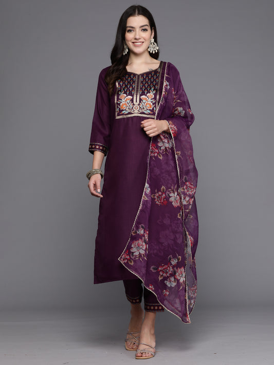 IE Purple Yoke Design Straight Kurta Trousers With Dupatta set