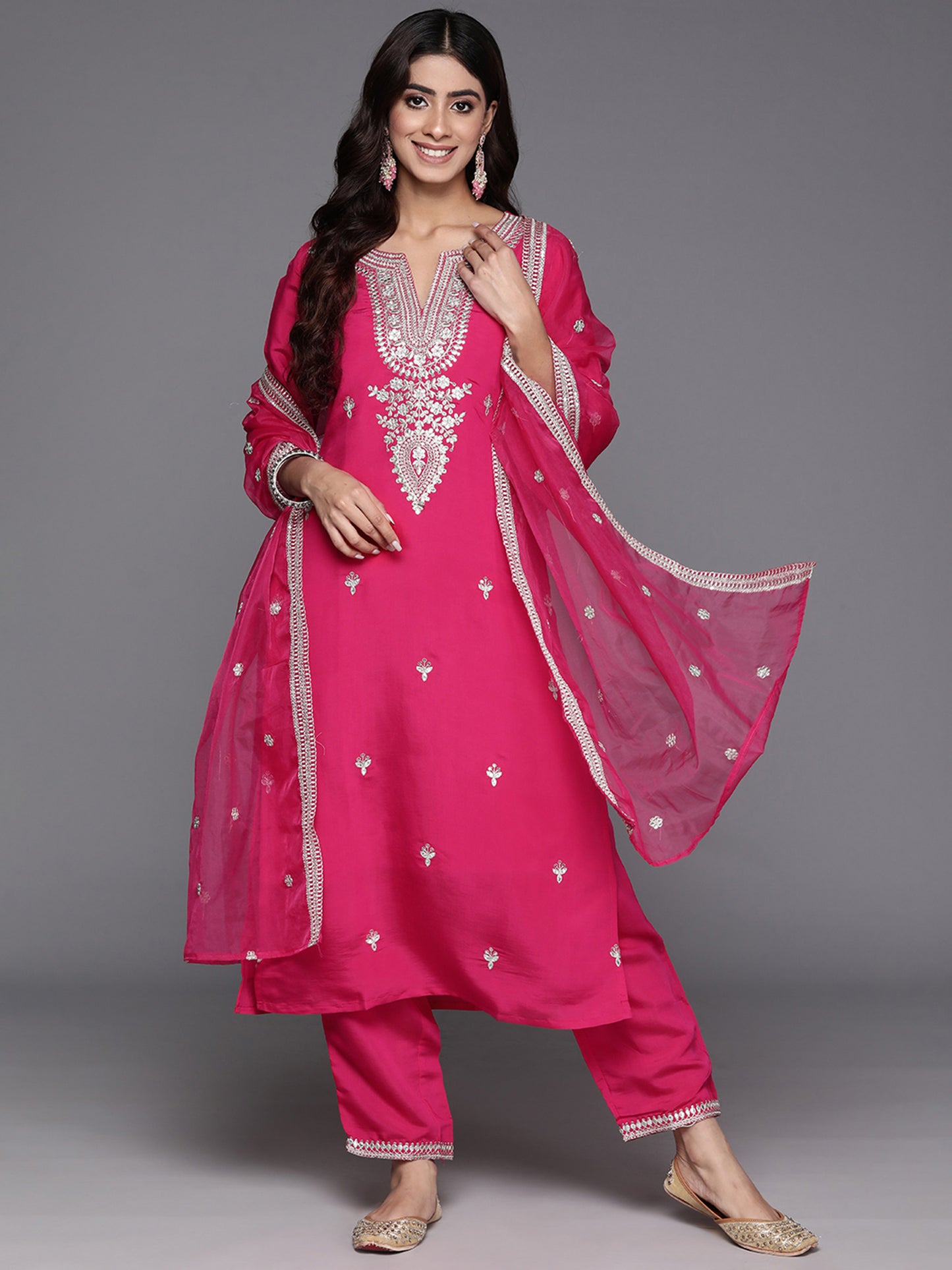 IE Pink Embroidered Straight Kurta Trousers With Dupatta Set