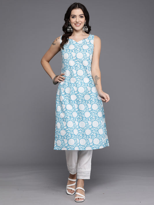 IE Blue Printed Straight Kurtas