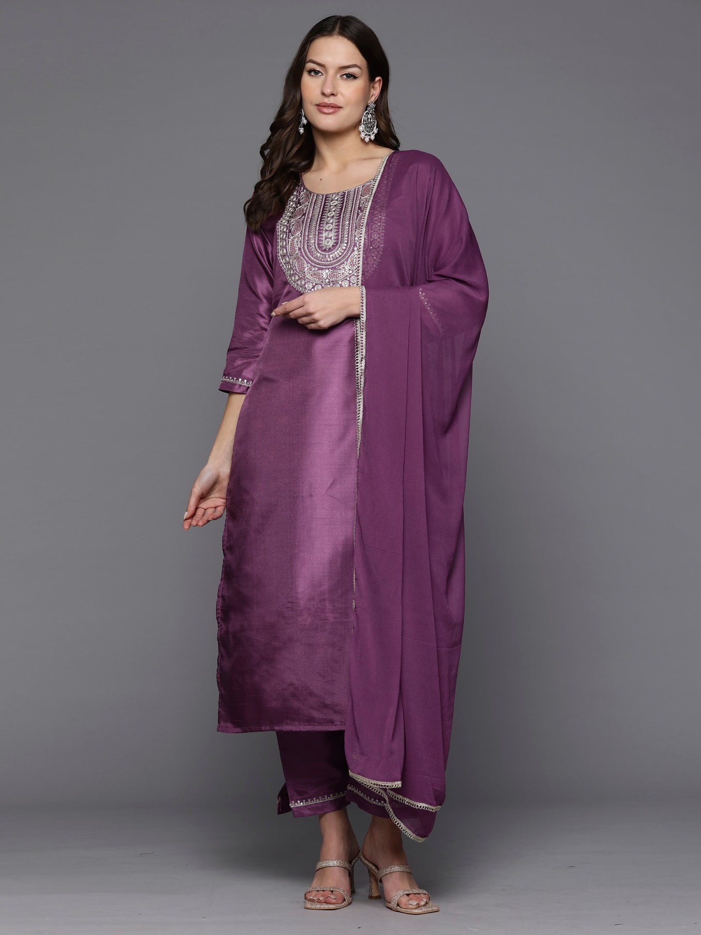 IE Lavender Embroidered Straight Kurta Trousers With Dupatta Set