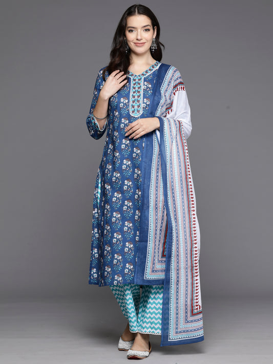 IE Blue Printed Straight Kurta Palazzos With Dupatta Set