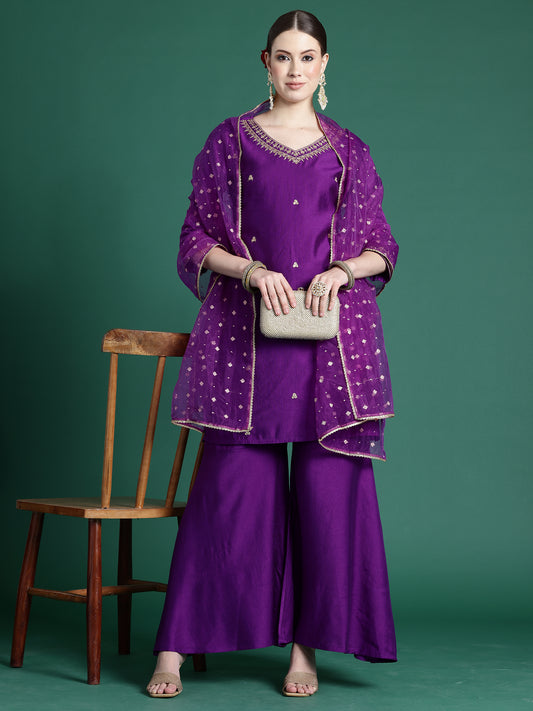 IE Purple Embroidered Straight Kurta Sharara With Dupatta set