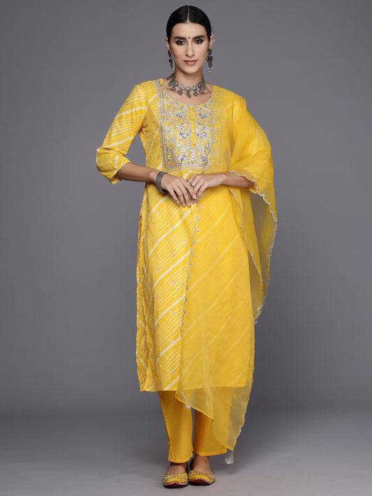 IE Yellow Embroidered Straight Kurta Trousers With Dupatta Set