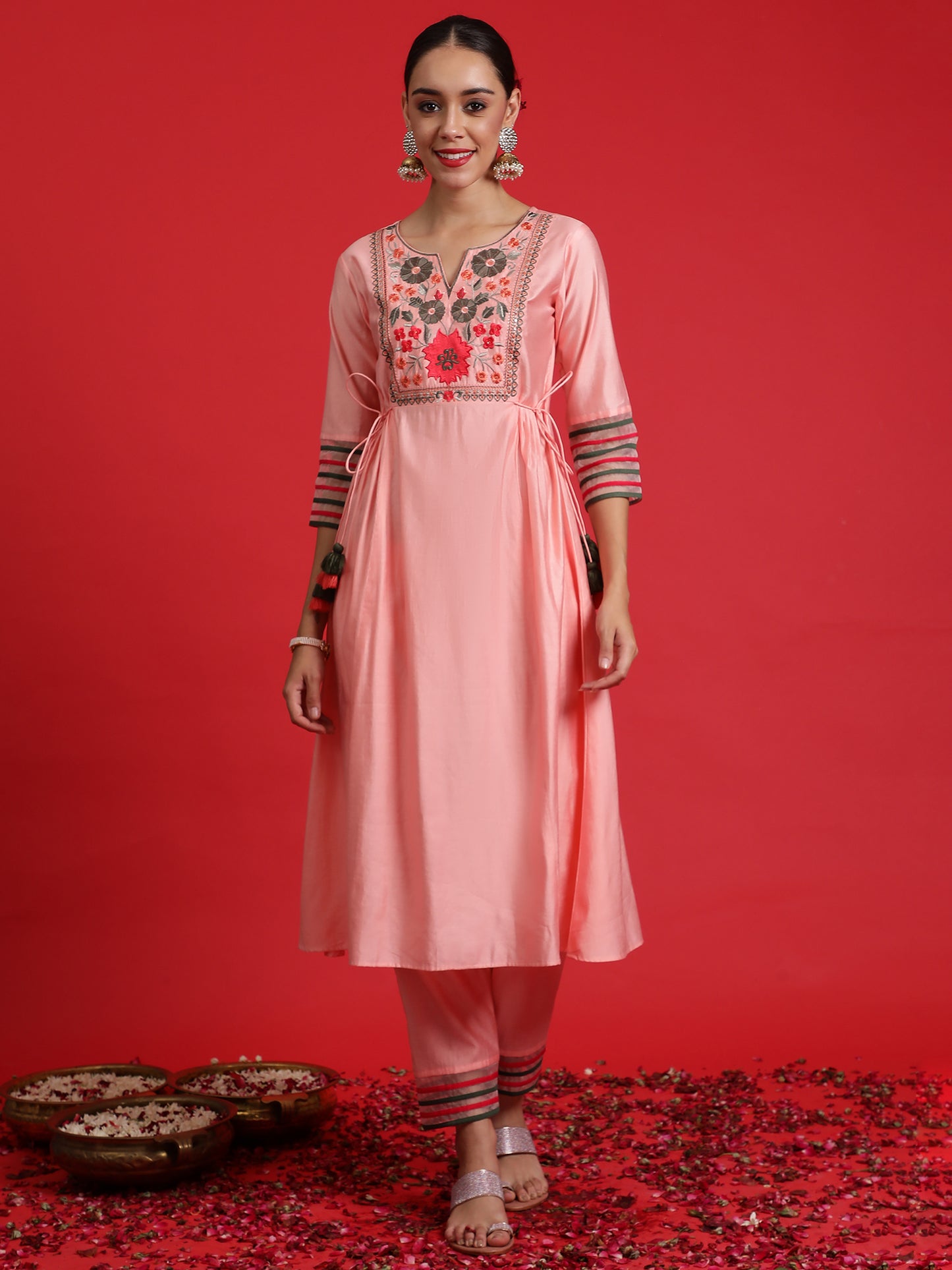 IE Pink Embroidered A-Line Kurta Trousers Set