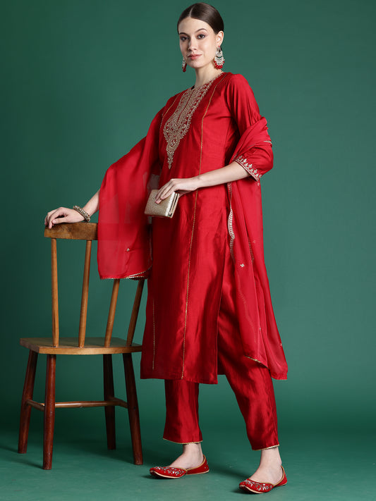 IE Red Embroidered Straight Kurta Trousers With Dupatta Set