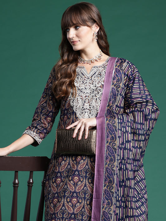 IE Navy Blue Printed Straight Kurta Trousers With Dupatta set