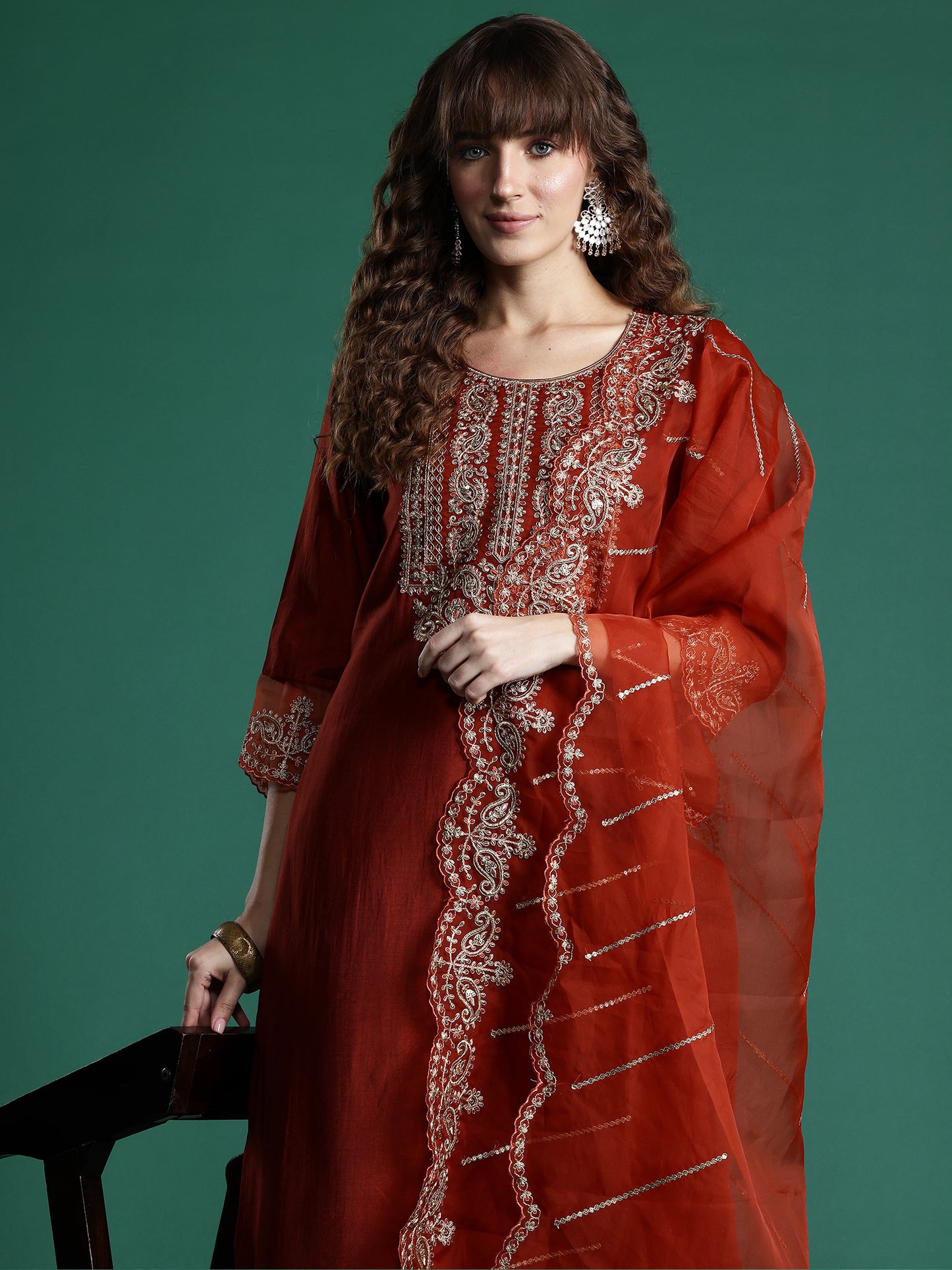 IE Rust Embroidered Straight Kurta Trousers With Dupatta set