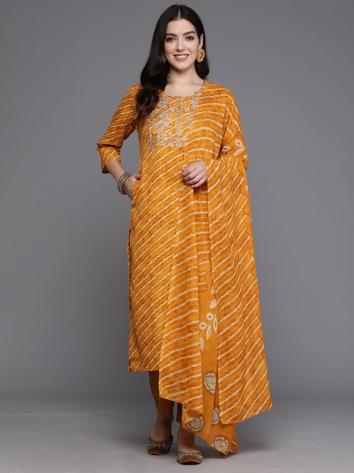 IE Mustard Printed Straight Kurta Trousers With Dupatta set