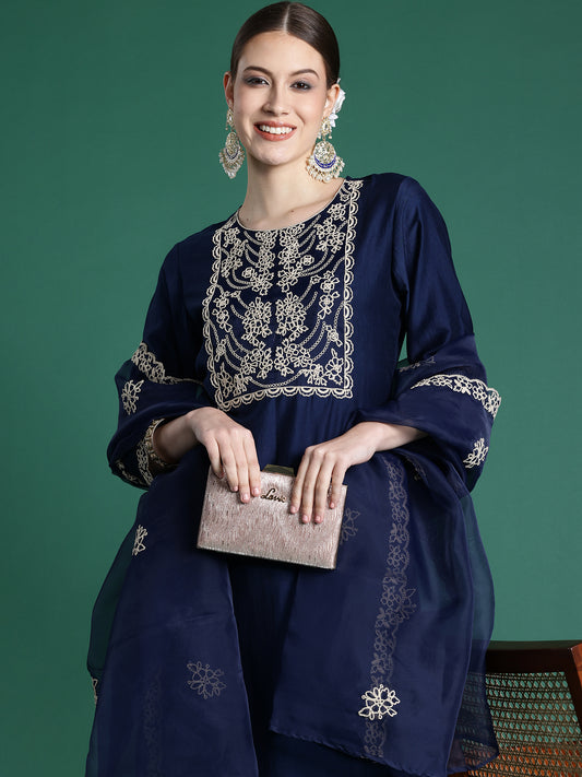 IE Blue Embroidered Straight Kurta Trousers With Dupatta Set