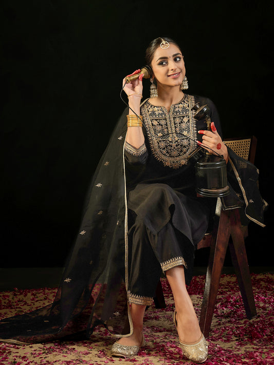 IE Black Embroidered Straight Kurta Trousers With Dupatta set