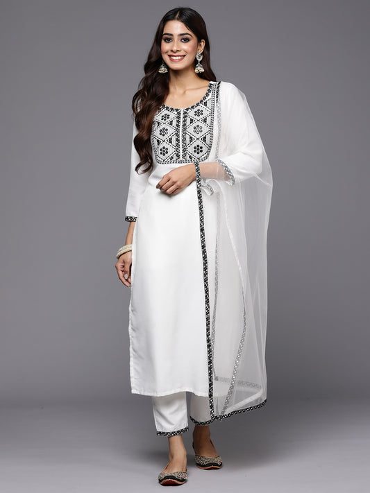 IE White Embroidered Straight Kurta Trousers With Dupatta Set