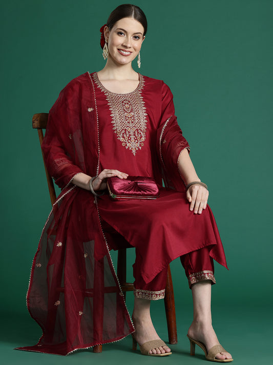 IE Maroon Embroidered Straight Kurta Trousers With Dupatta set