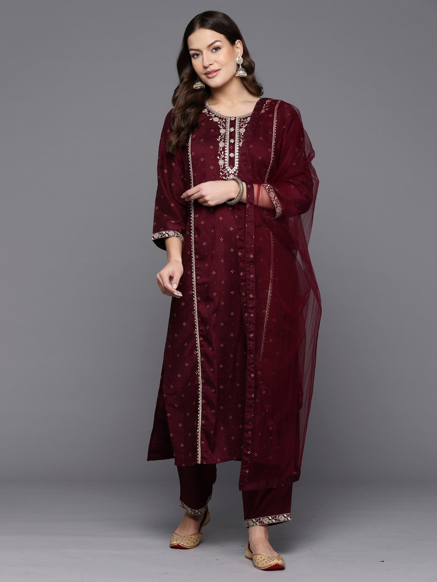 IE Burgundy Embroidered Straight Kurta Trousers With Dupatta Set