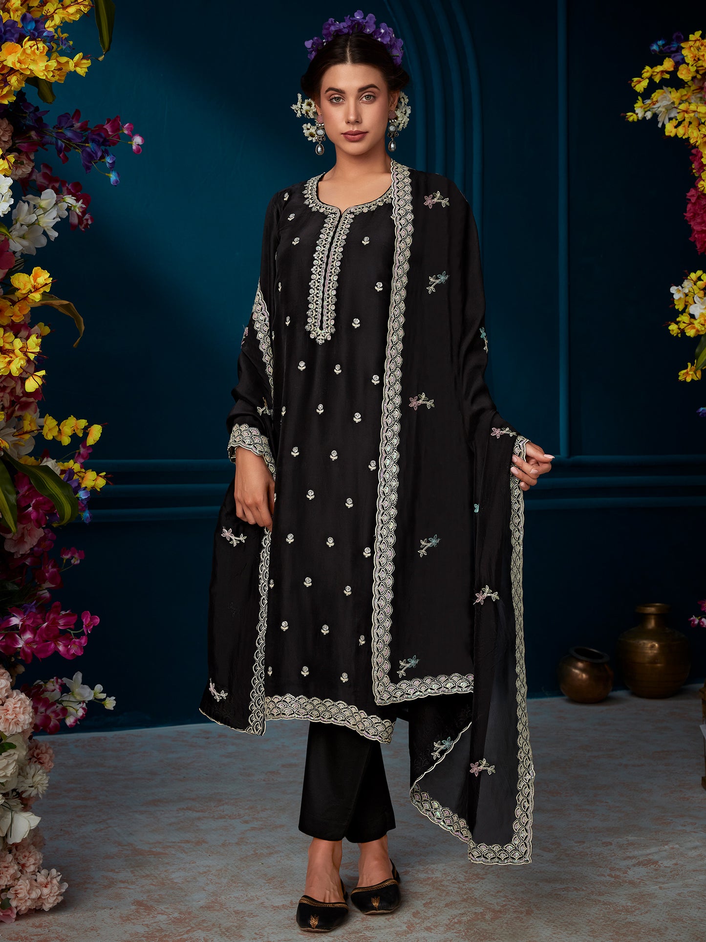 IE Black Straight Embroidered Kurta Trousers With Dupatta Set