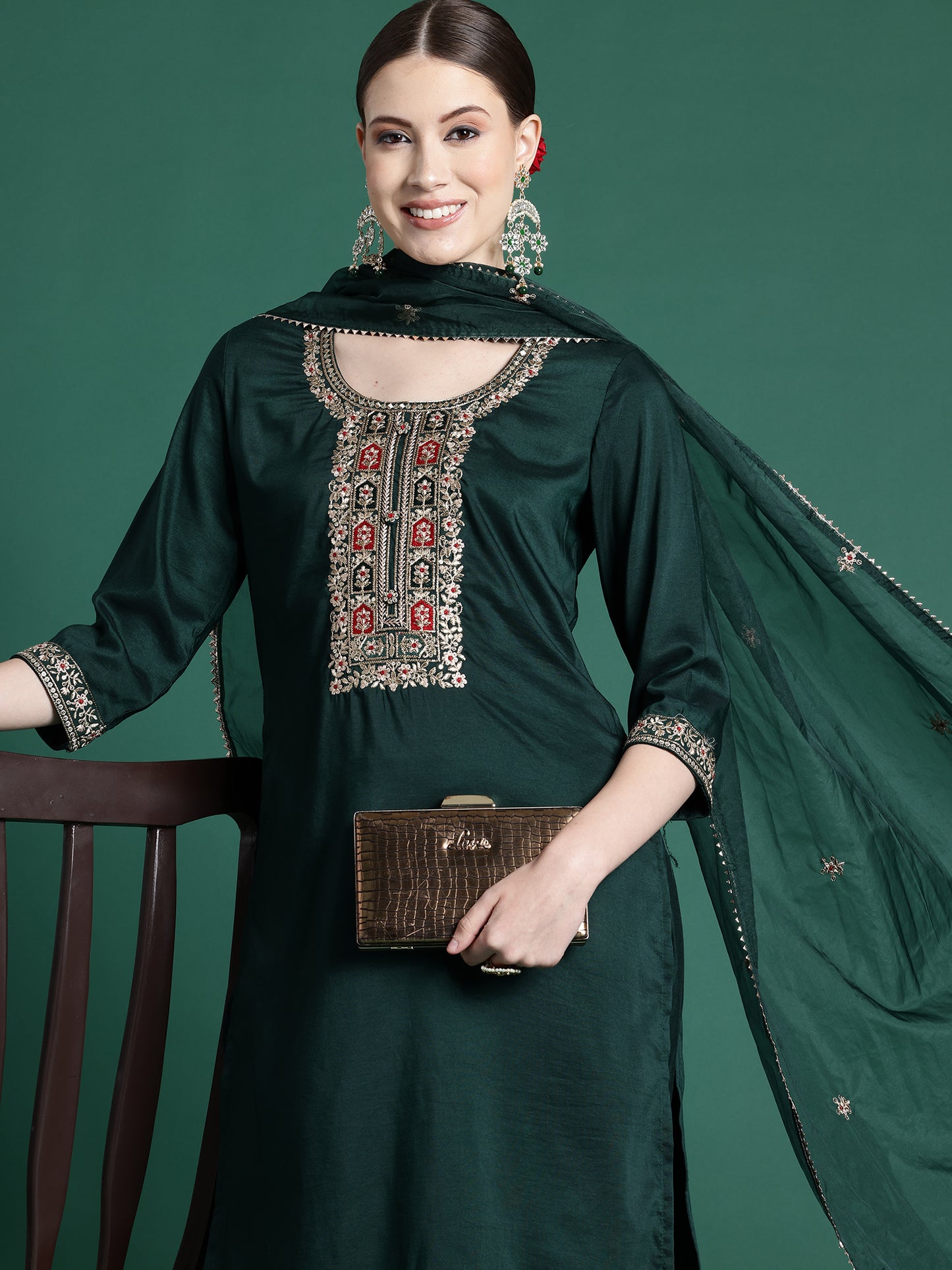 IE Green Embroidered Straight Kurta Trousers With Dupatta set