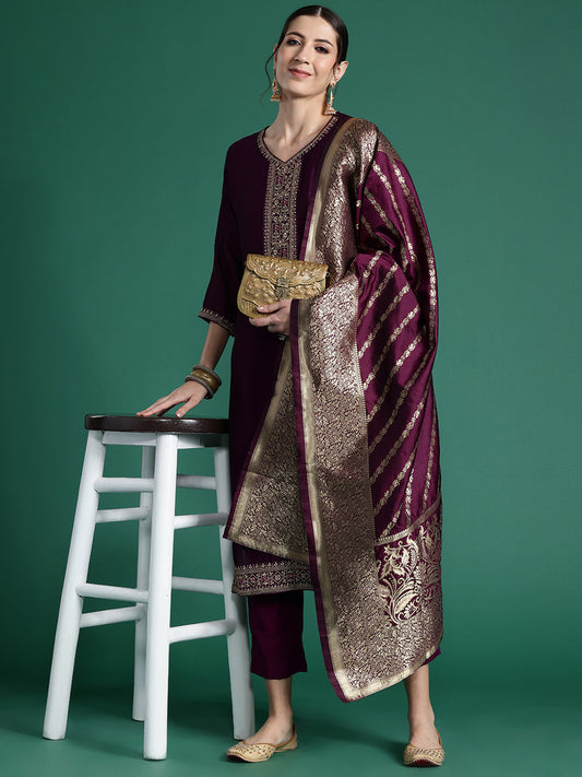 IE Burgundy Embroidered Straight Kurta Trousers With Dupatta set