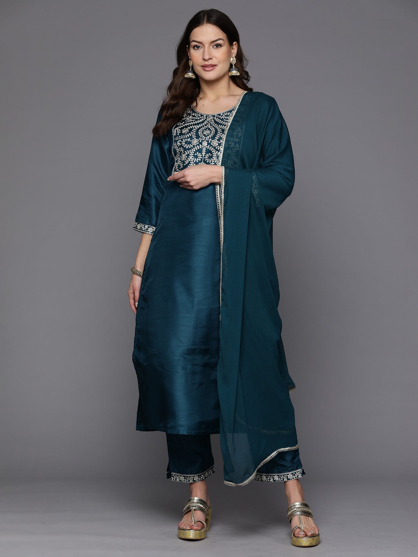 IE Teal Embroidered Straight Kurta Trousers With Dupatta Set