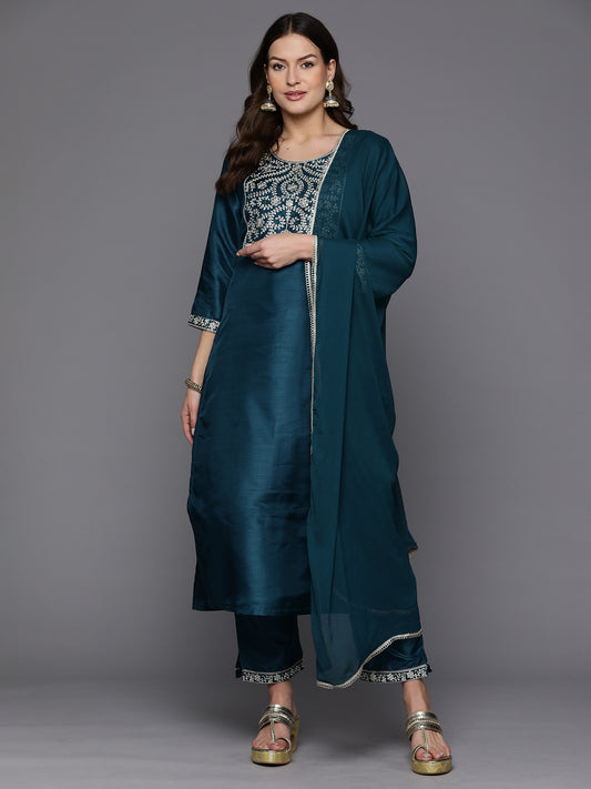 IE Teal Embroidered Straight Kurta Trousers With Dupatta Set