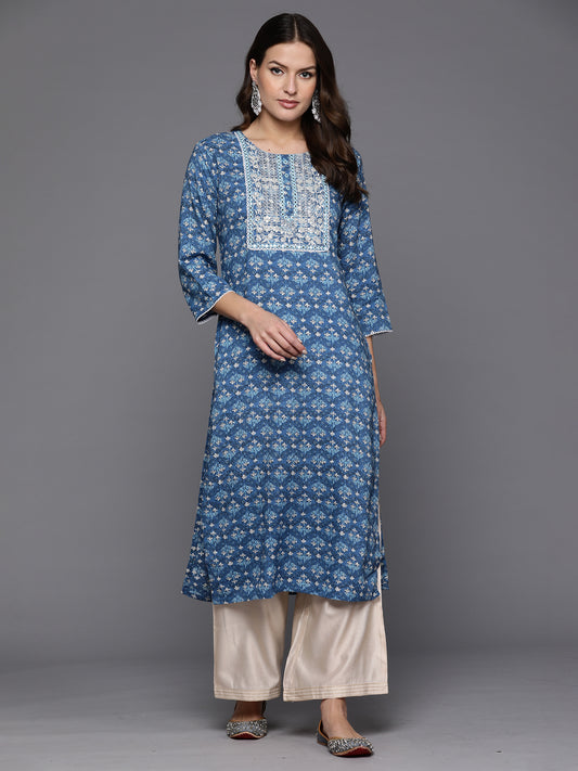 IE Blue Printed Straight Kurtas