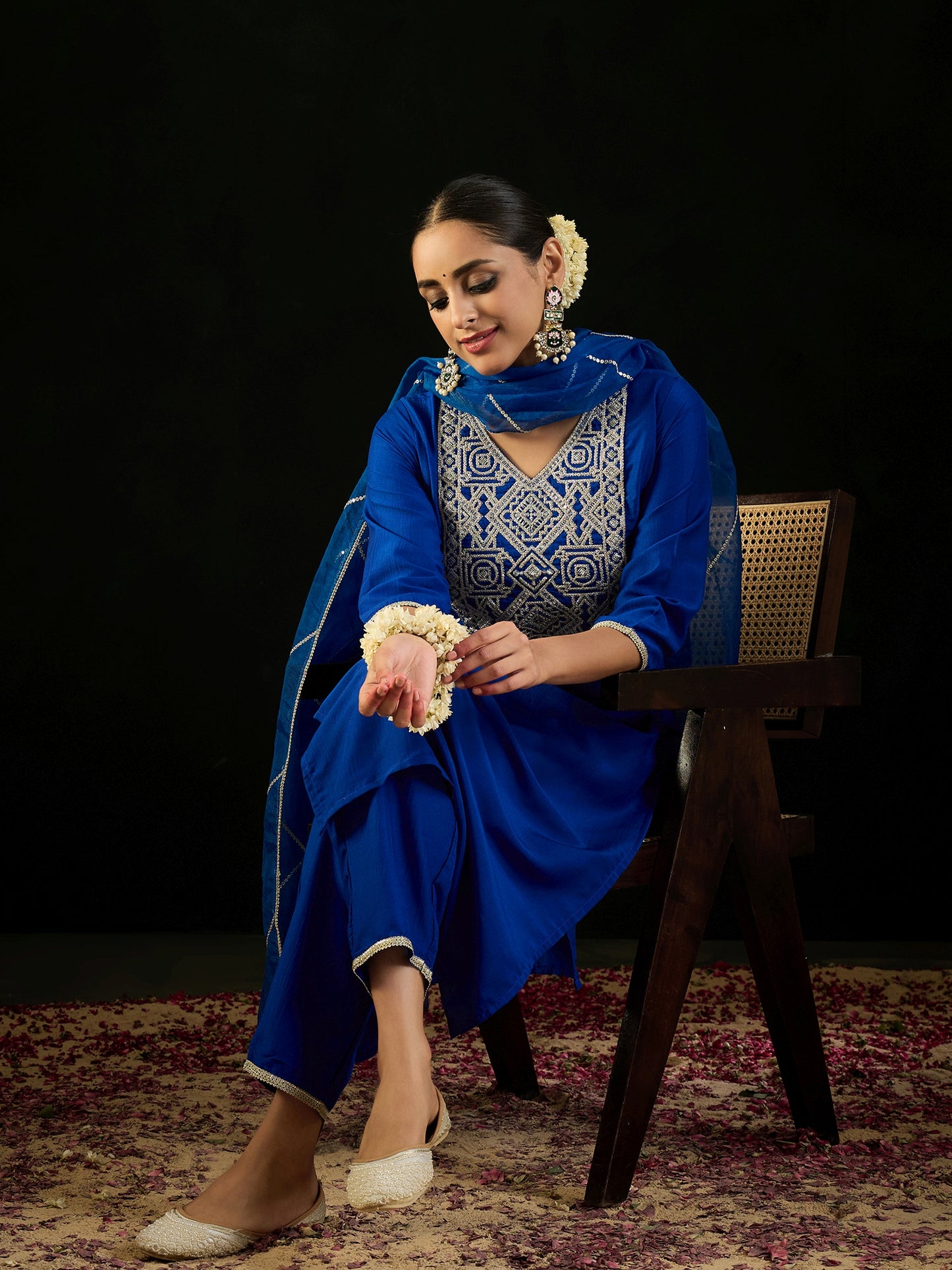 IE Blue Embroidered Straight Kurta Trousers With Dupatta set