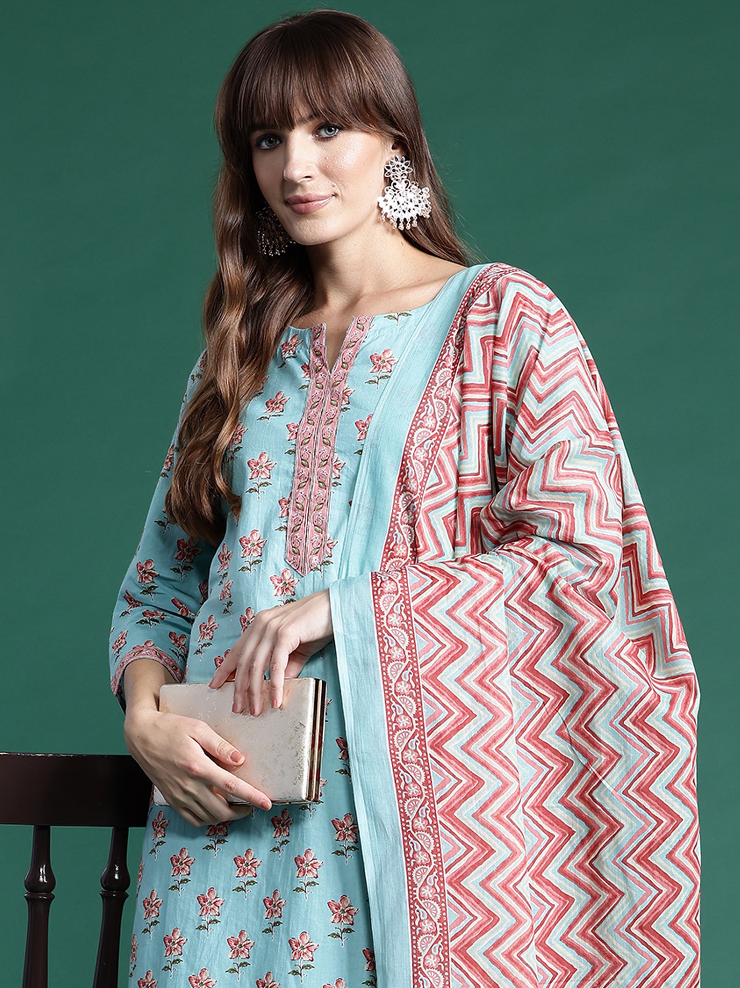 IE Blue Printed Straight Kurta Trousers With Dupatta set