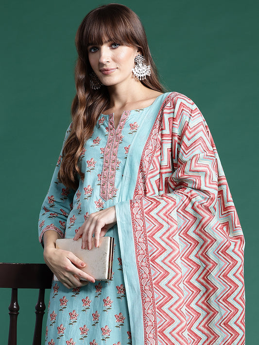 IE Blue Printed Straight Kurta Trousers With Dupatta set