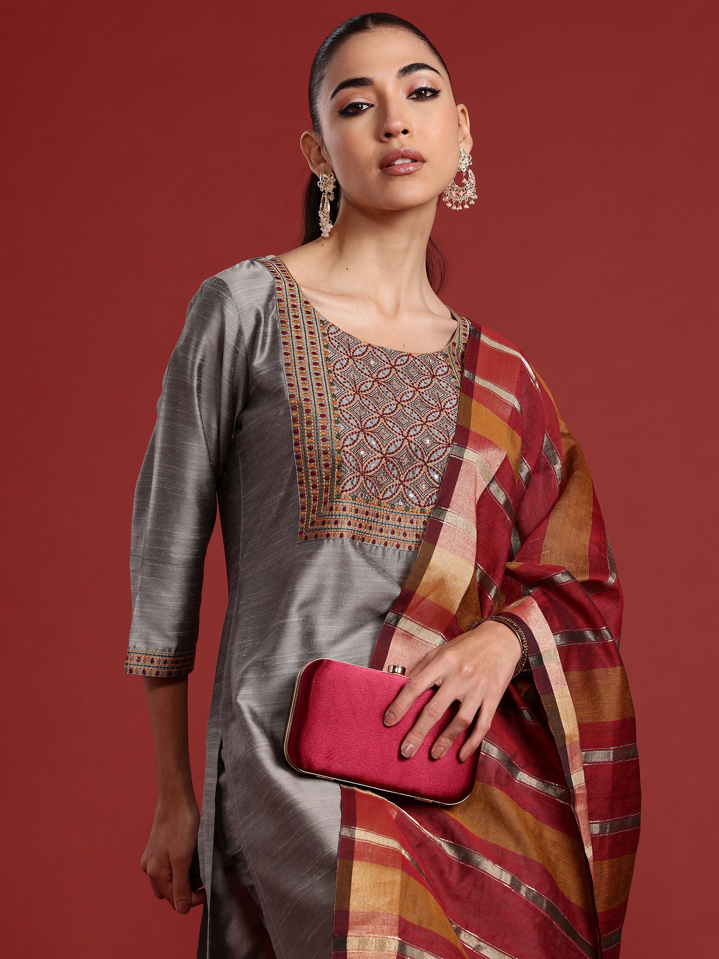 IE Grey Embroidered Straight Kurta Trousers With Dupatta  Set