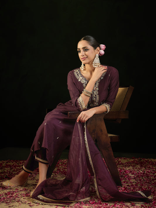 IE Burgundy Embroidered Straight Kurta Trousers With Dupatta set