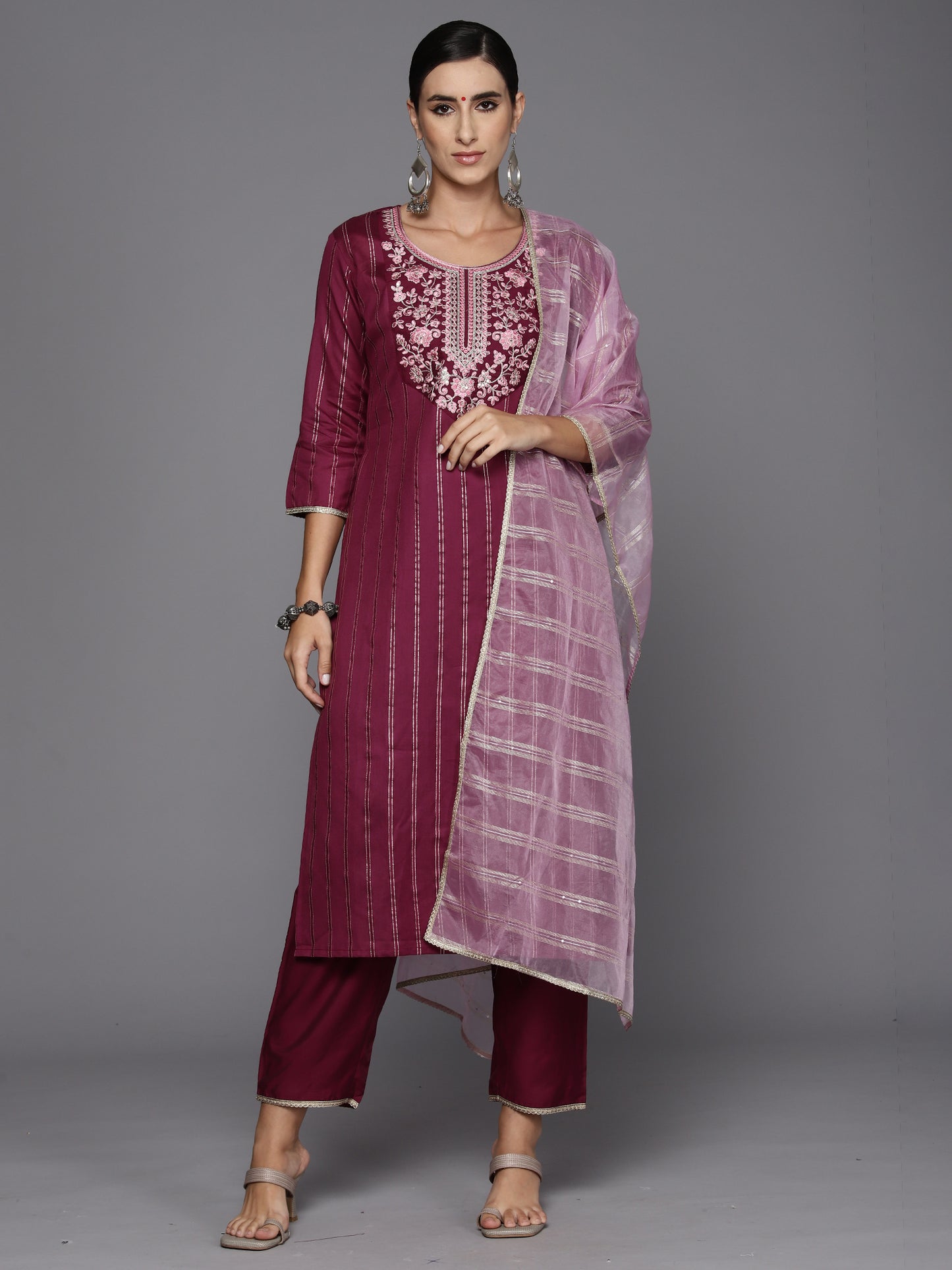 IE Burgundy Embroidered Straight Kurta Trousers With Dupatta Set