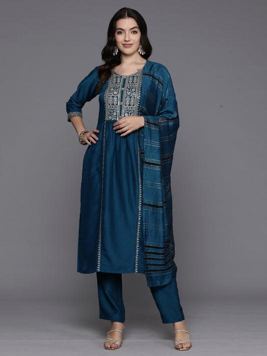 IE Teal Embroidered Straight Kurta Trousers With Dupatta Set