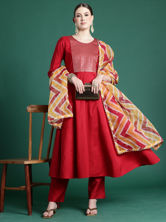 IE Red Embroidered A-Line Kurta Trousers With Dupatta set