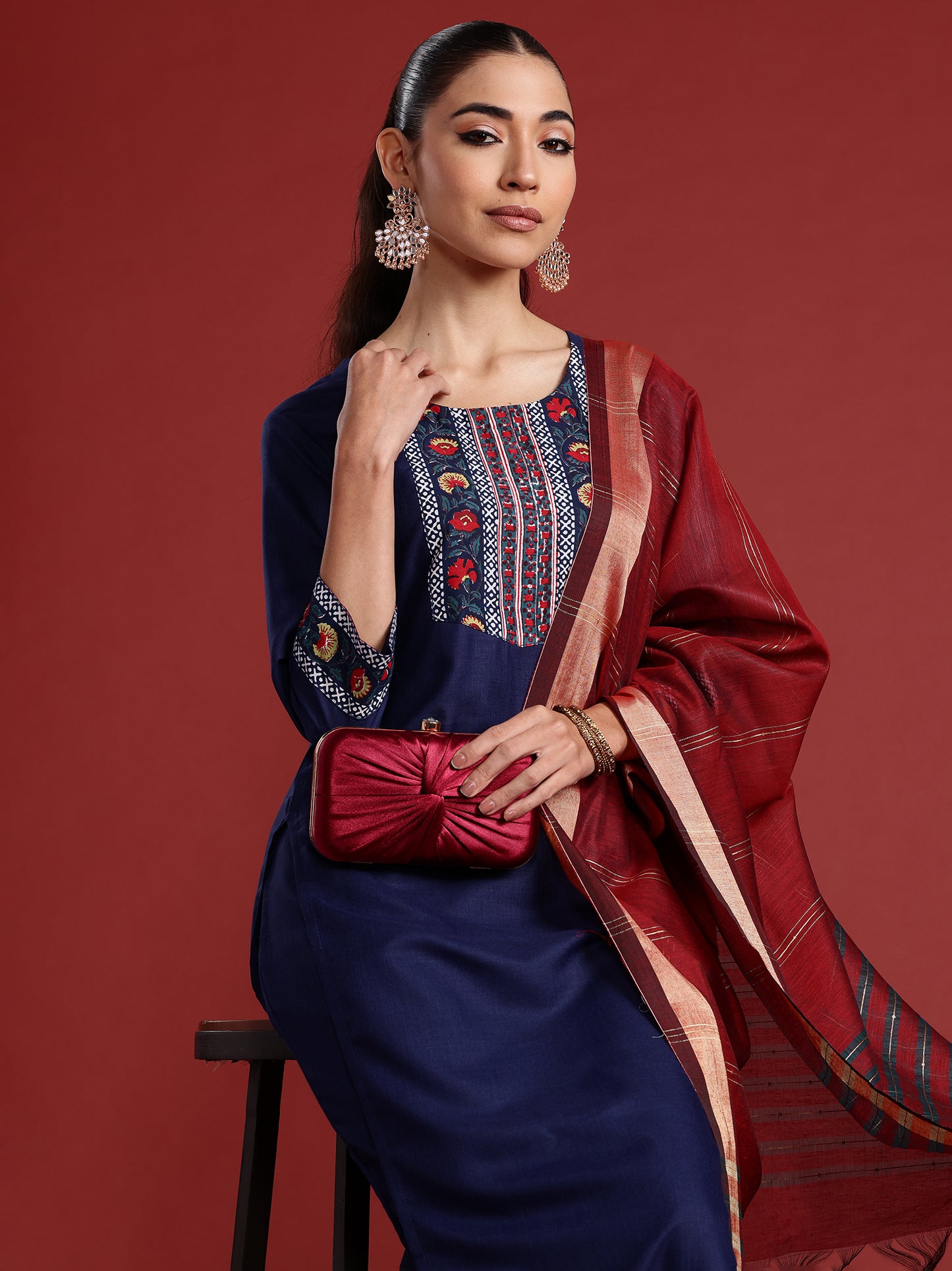 IE Navy Blue Yoke Design Straight Kurta Trousers With Dupatta Set