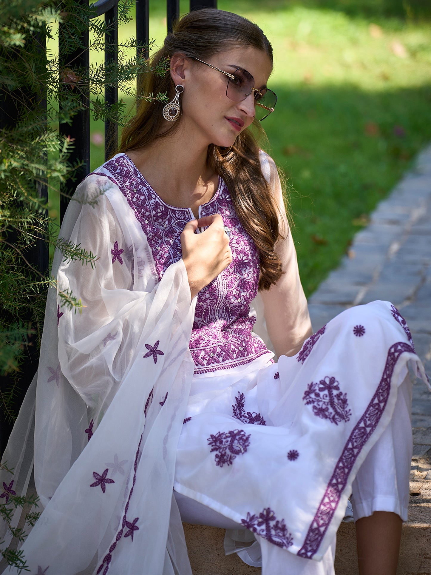 IE White Embroidered Straight Kurta Trousers With Dupatta set