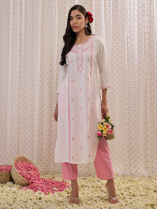 IE White Embroidered Straight Kurtas