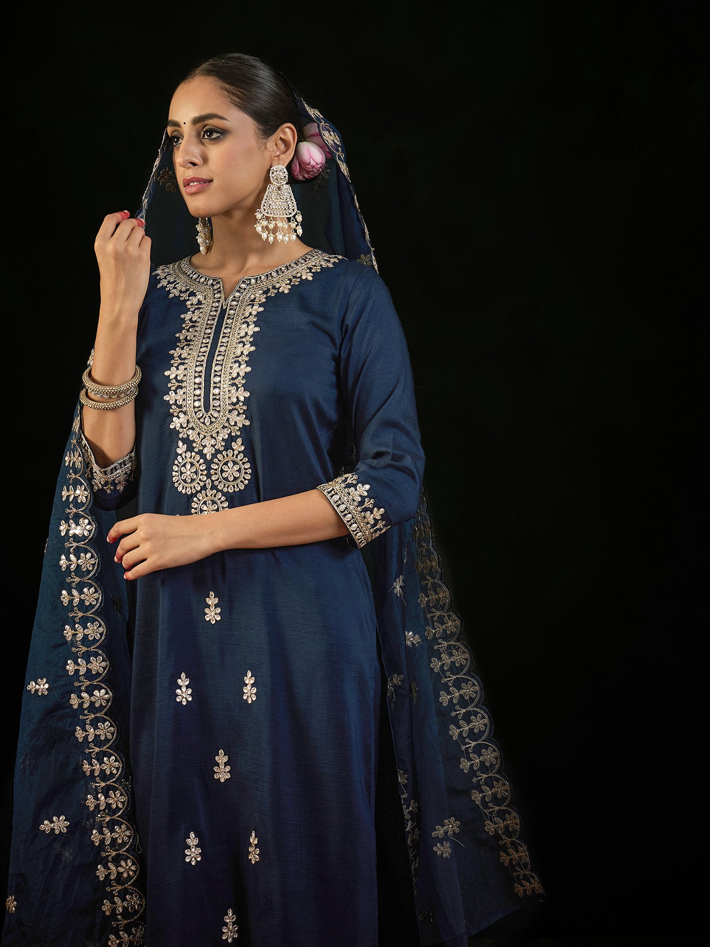 IE Navy Blue Embroidered Straight Kurta Trousers With Dupatta set