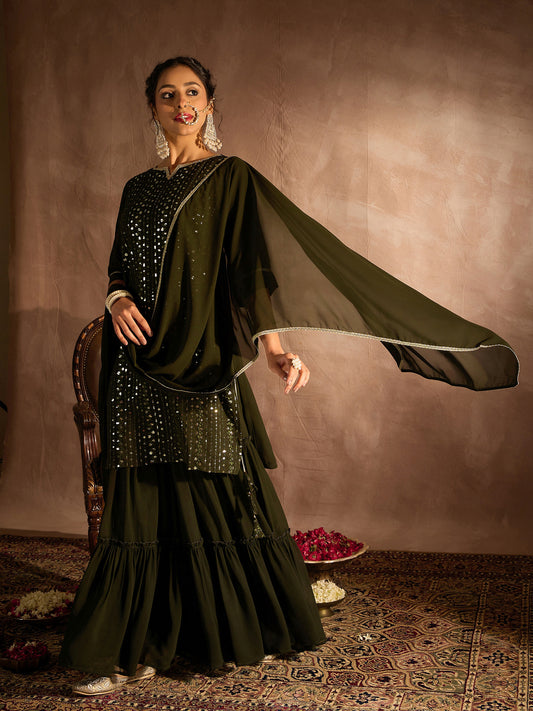 IE Green Embroidered Straight Kurta Sharara With Dupatta set