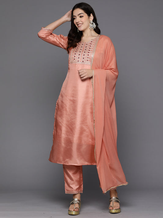 IE Peach Embroidered Straight Kurta Trousers With Dupatta Set