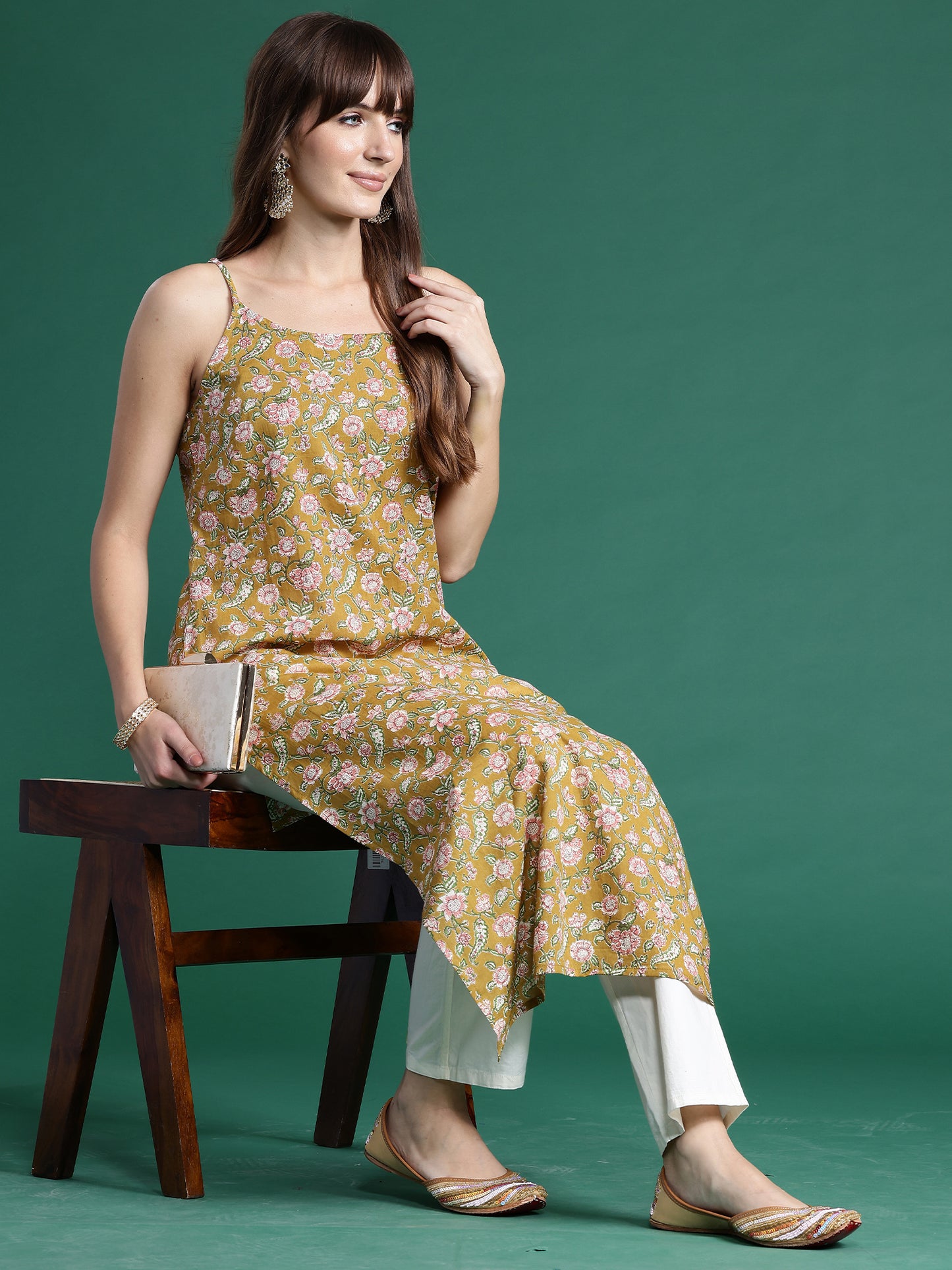 IE Mustard Printed Straight Kurtas