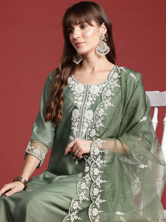 IE Green Embroidered Straight Kurta Trousers With Dupatta set