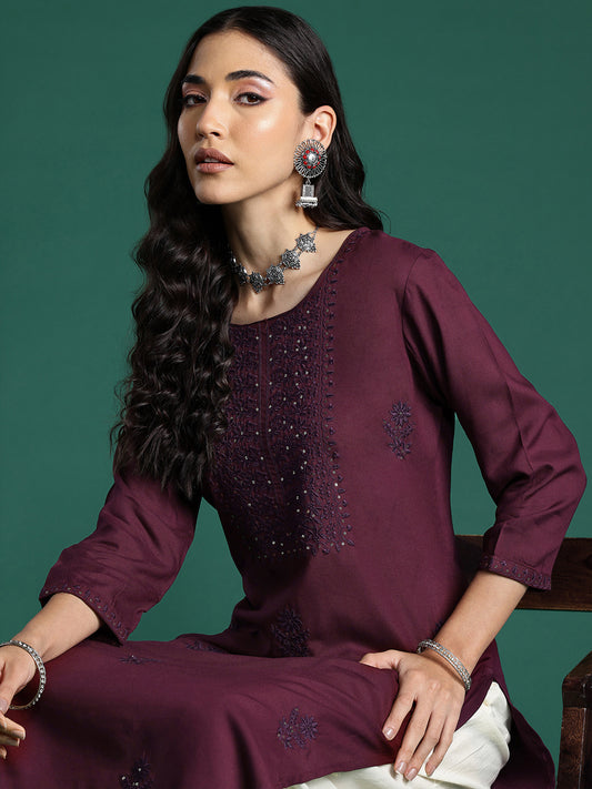 IE Burgundy Embroidered Straight Kurtas